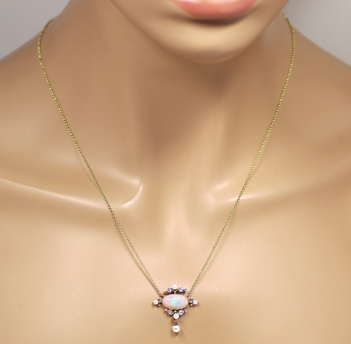 Foto 4 - Antikes Collier Super Opal, Perlen, Diamanten, aus Gold, Q1534